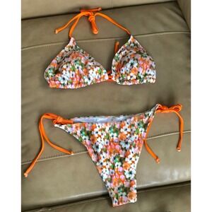 Floerns Womens Floral Print Triangle Halter Neck Tie Side 2 Piece Bikini Set M
